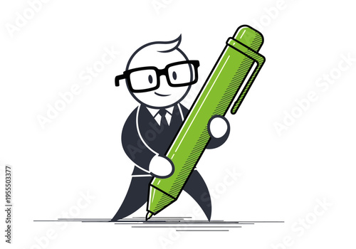 Businessman Character with Giant Green Pen Illustration for Professional Writing, Signing, and Creative Documentation Concepts