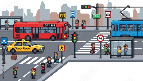 Urban street scene with city bus, tram, taxi, and pedestrians at a crosswalk with traffic lights