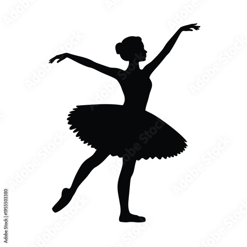 A graceful silhouette of a ballet dancer performing a classic pose while wearing a flared tutu isolated on white background, Vector, illustration