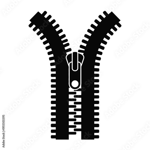 A black silhouette illustration of a garment zipper with the slider in a partially open position isolated on white background, Vector, illustration