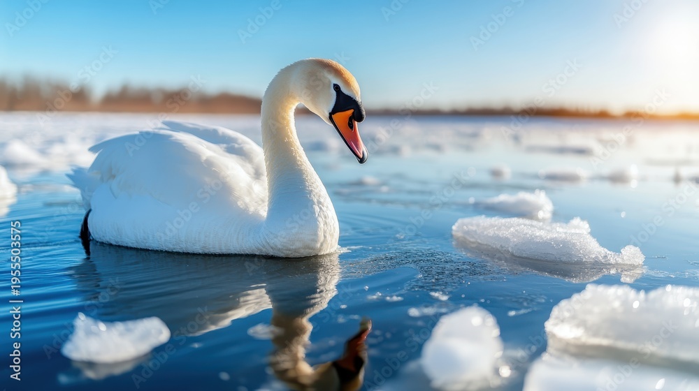 Obraz premium A majestic swan gliding smoothly on a partially frozen lake, reflecting winter's beauty and elegance amidst the shimmering ice and bright sunlight on a clear day.