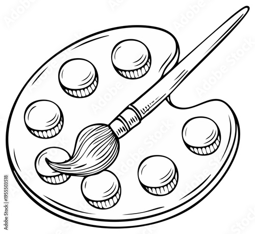 Classic Artists Palette with Paintbrush and Empty Wells Line Art Illustration for Creative Projects