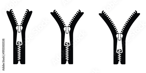 Three black zipper icons showing different stages of opening and closing for clothing accessories isolated on white background, Vector, illustration
