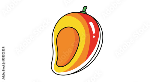Colorful cartoon mango with a slice revealing juicy flesh and seed in a playful illustration