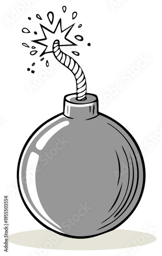 Cartoon illustration of a round gray bomb with a lit fuse and sparks