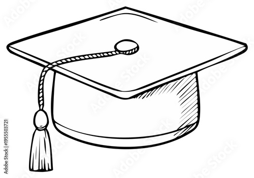 Hand-drawn academic graduation cap with tassel, artistic black and white sketch