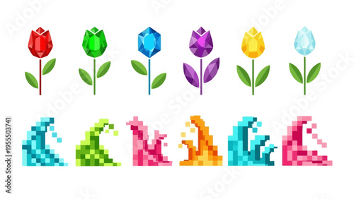 Colorful digital pixel art of cute crabs and vibrant flowers in a playful composition