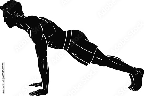 A muscular man performing a plank exercise to strengthen his core and improve overall body fitness isolated on white background, Vector, illustration