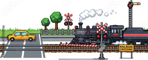 Pixel art steam train crossing a road with a car and railroad crossing signals