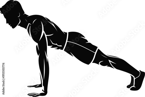 Black silhouette of a muscular man performing a push up exercise for strength and fitness training isolated on white background, Vector, illustration