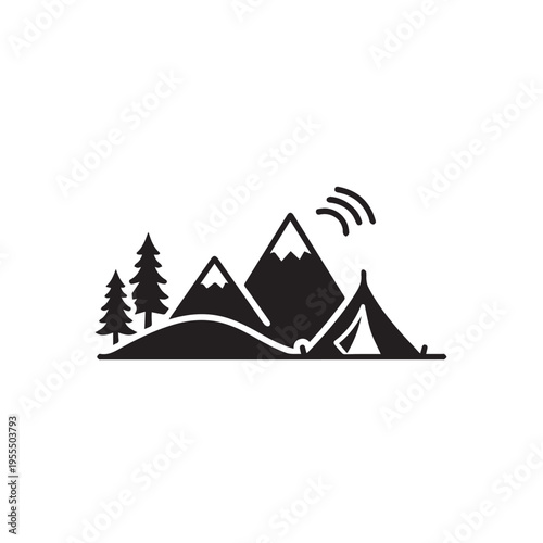 Camping Tent with Mountains and Signal Waves Outdoor Adventure Nature Stock Graphic