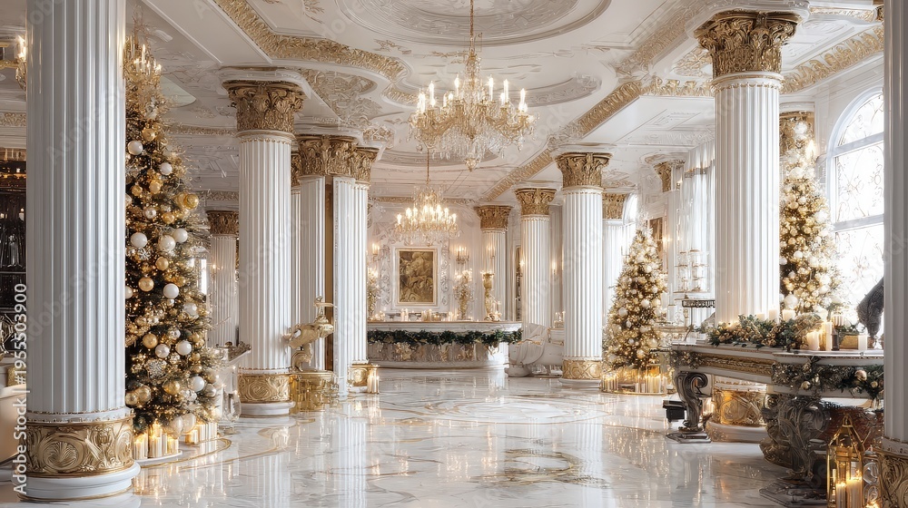 Fototapeta premium Luxurious Opulent Palace Interior with Golden Christmas Trees