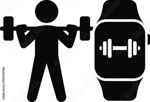 A silhouette of a person lifting a barbell next to a digital smartwatch displaying a dumbbell icon isolated on white background, Vector, illustration