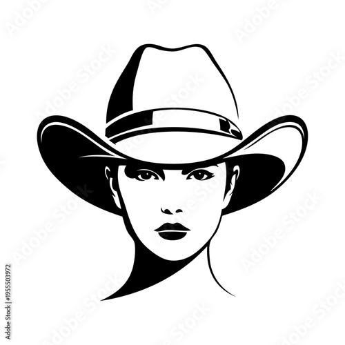 Dibujo con líneas de la cabeza de una mujer con un sombrero de cowboy vintage