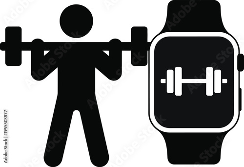 A black icon depicting a person lifting a barbell next to a digital smartwatch showing gym icon isolated on white background, Vector, illustration