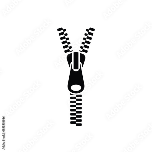 A black silhouette icon of a metal clothing zipper with a pull tab partially opened for garments isolated on white background, Vector, illustration