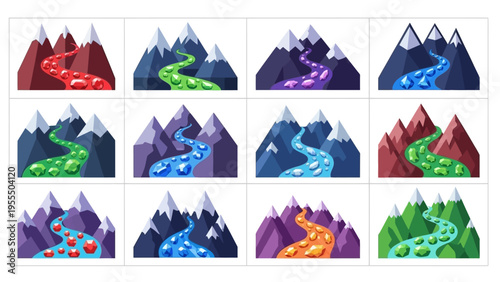 Colorful Mountain Landscape with Winding River in Various Colors and Styles for Adventure and