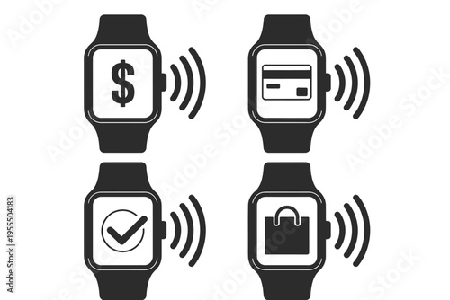 Set of four smart watch icons representing contactless payment and shopping transaction features isolated on white background, Vector, illustration