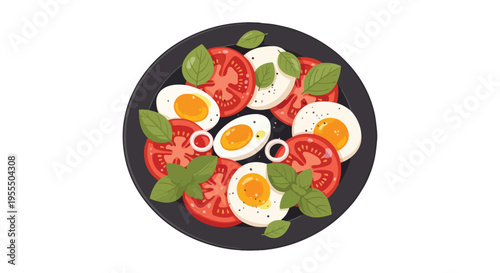 Illustration of a plate with sliced tomatoes, boiled eggs, and basil leaves on a white background.