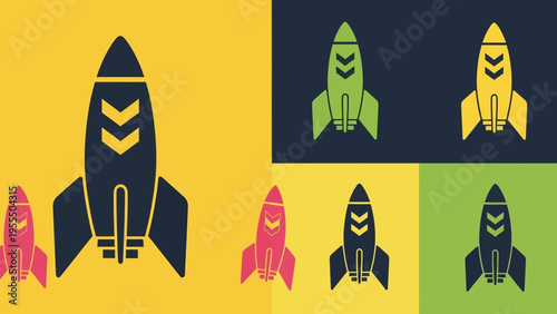 Colorful Rocket Icon Set in Different Backgrounds for Space and Technology Design