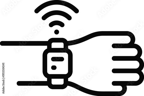 A minimalist linear icon depicting a digital smart watch being worn on a human wrist with signal isolated on white background, Vector, illustration