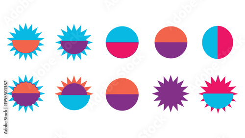Colorful Sunburst and Half-Moon Geometric Shapes in Various Bright Colors for Design