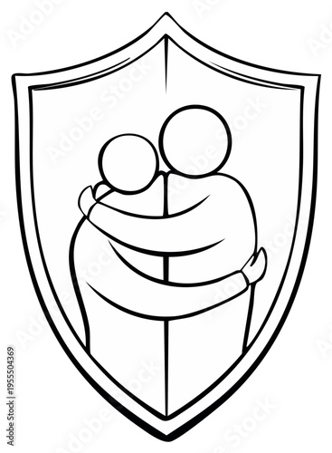 Two abstract figures hugging inside a protective shield symbol, representing care, support, and security
