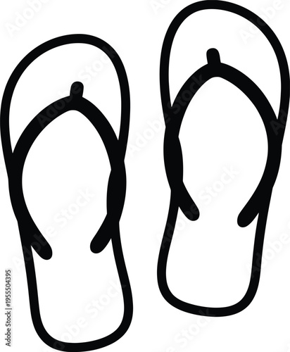 A pair of simple black and white line art illustrations depicting casual summer rubber flip flops isolated on white background, Vector, illustration