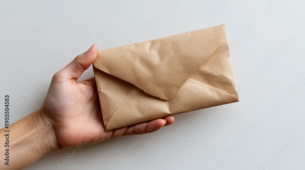 Naklejka premium A close-up of a hand holding a brown paper envelope, symbolizing communication and connection, ideal for representing the traditional ways of sending messages.