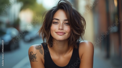 A smiling young woman with shoulder-length hair radiates confidence and happiness, set against an urban street backdrop reflecting modern lifestyle. Free Download A smiling young woman with shoulder-length hair radiates confidence and happiness, set against an urban street backdrop reflecting modern lifestyle. - GFXLoad