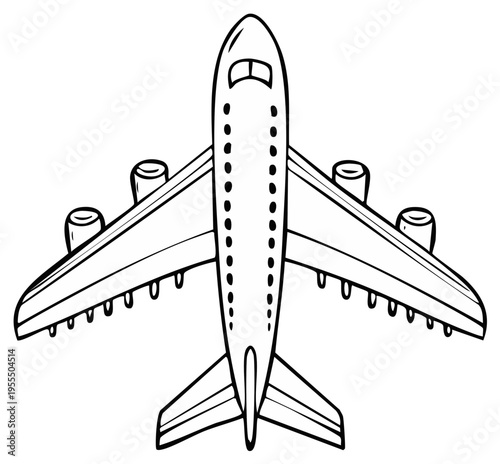 Outline illustration of a passenger jet aircraft from a top aerial view perfect for travel and aviation designs