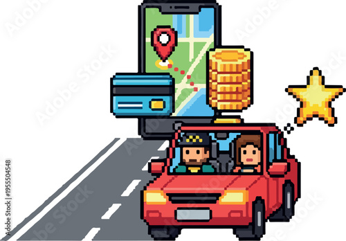 Ride-sharing app interface with car, map, credit card, and coins, illustrating payment and rewards