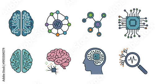 Compilation of intelligent brain and neural network digital illustrations for AI and technology