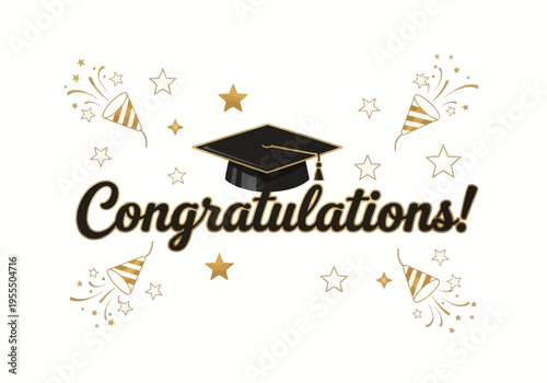 Congratulations Graduation Greeting Card Design with Black Mortarboard Cap and Gold Confetti Poppers on White Background