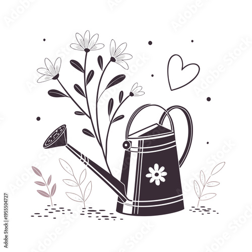 Vector illustration of watering can with flowers and heart