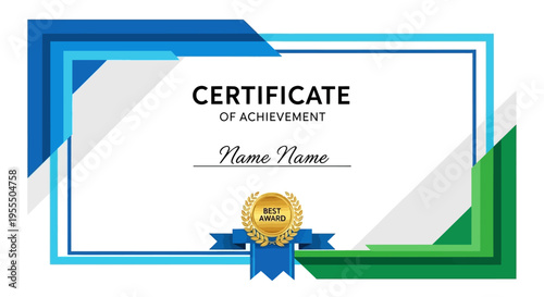 Modern Certificate of Achievement Template with Blue and Green Geometric Border and Gold Seal