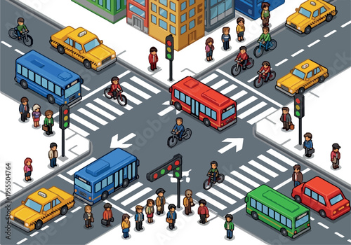 An isometric view of a busy city intersection with traffic lights, cars, buses, bicycles, and pedestrians, showcasing urban transportation and city life