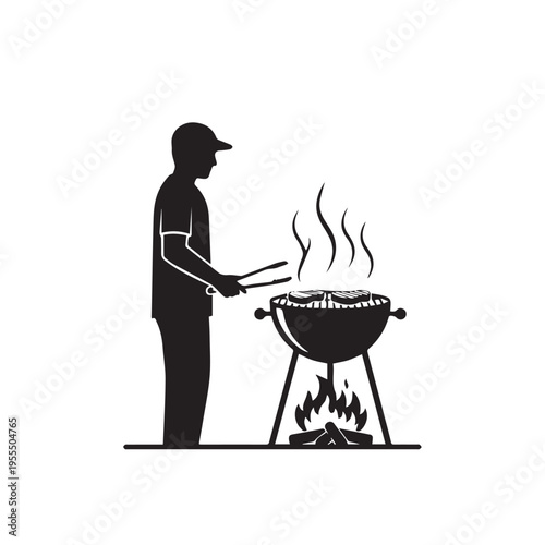 Man grilling burgers on a charcoal grill cooking food outdoors