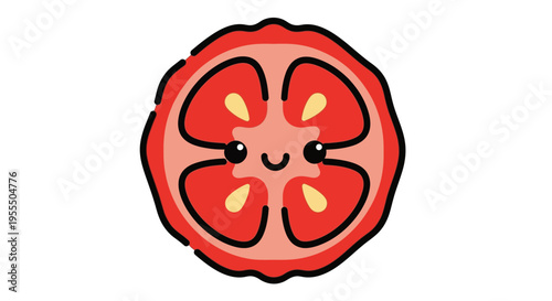 Cute and cheerful cartoon slice of tomato with a happy face and adorable features perfect for kids