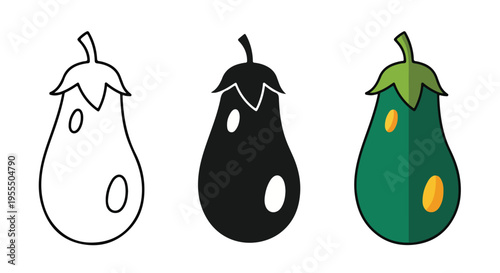 Three pear shaped vegetables in different colors and styles on a white background