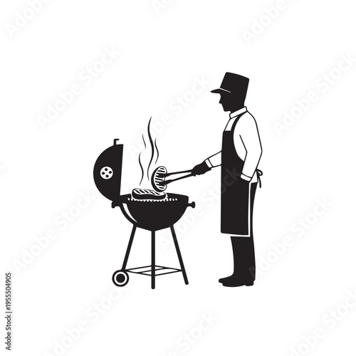 Man grilling sausages on a barbecue grill black and white illustration
