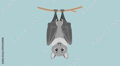 Cute cartoon bat hanging upside down from a tree branch with a friendly expression