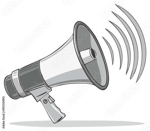 Illustration of a megaphone with sound waves emanating from it, isolated on white for announcements or public address uses