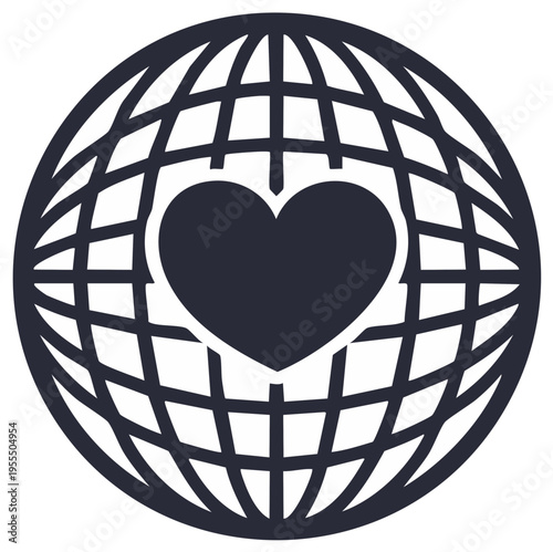 Minimalist global grid with a centered heart representing world peace unity and love for our planet