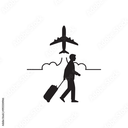 Man walking with suitcase under airplane flying through clouds travel concept stock illustration