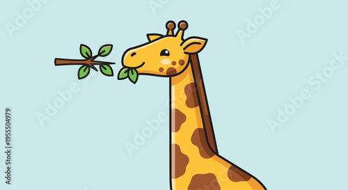 Cute cartoon giraffe with a long neck holding a leafy branch in its mouth illustration