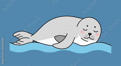 Cute cartoon illustration of a playful baby seal lying on its stomach on a blue surface with a