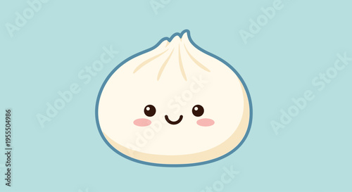 Cute cartoon garlic bulb with a smiling face and blushing cheeks on a blue background in a