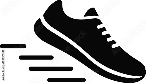 Black silhouette icon of a running sneaker shoe with motion lines indicating speed and movement isolated on white background, Vector, illustration