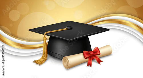 Graduation Cap and Diploma with Golden Tassel on Elegant Festive Background for Achievement and Commencement Ceremony